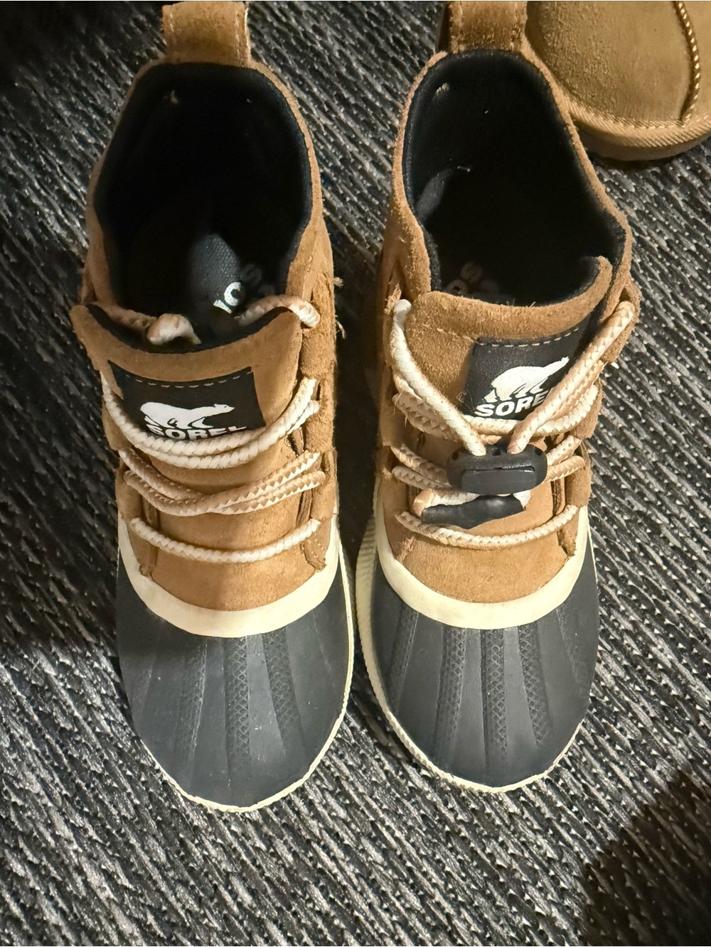 Sorel Kids Brown and Black Duck Boots with Beige Trim